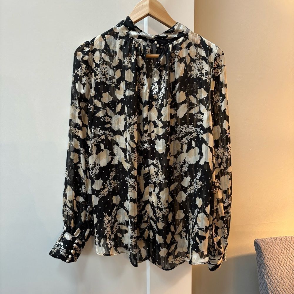 H&M Black Floral Print Blouse with Pearl Button Cuffs – Size 12